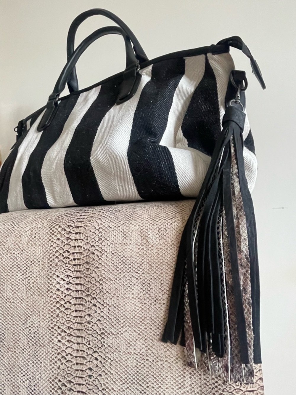 Black & White Striped Tote Bag with Tassel